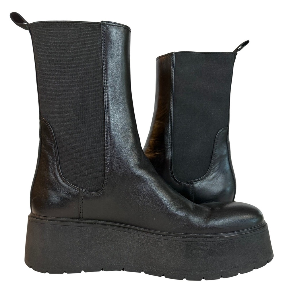 Zara Black Leather Platform Chelsea Boots Chunky Lug Sole Mid Calf EU 399 - Picture 6 of 9